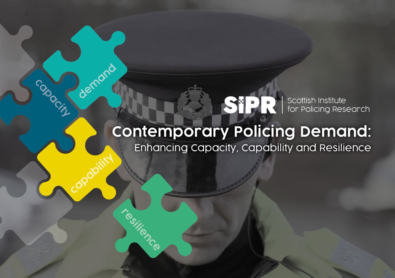 Jigsaw peices over an image of Scottish Police Officer with the words contemporary Policing Demand: Enhancing Capacity, Capability, and Resilience